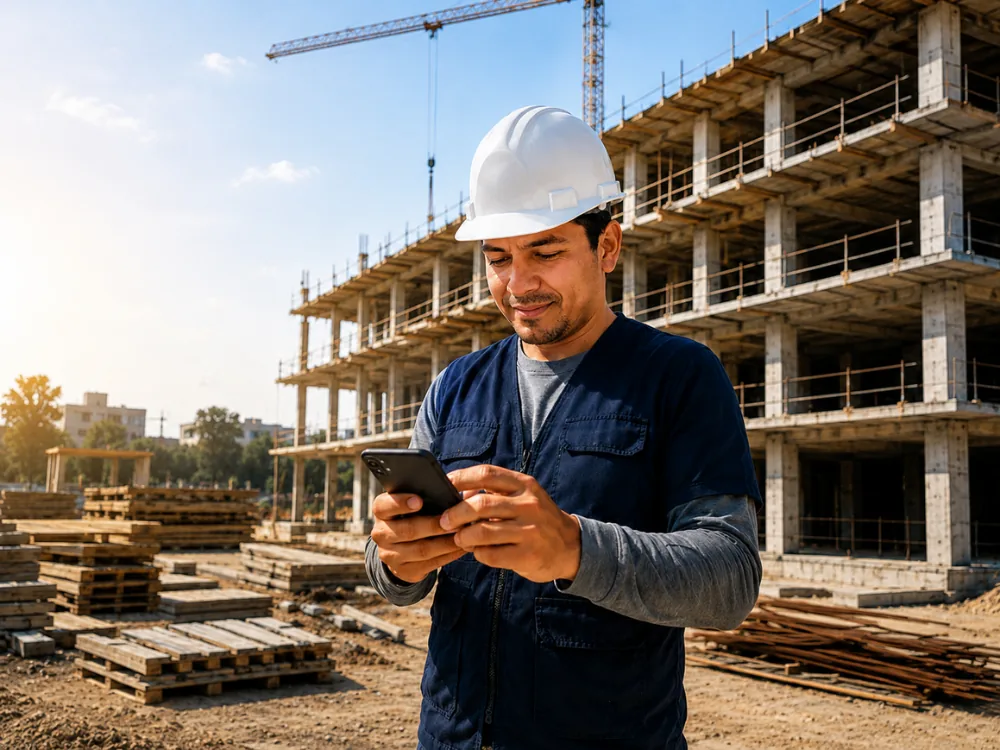 Trabajador de la construcción usando su teléfono en obra
